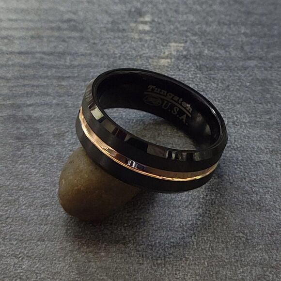 Men's Real Black Tungsten Promise Ring 14K Gold Filled Center Groove Gold Line - Picture 8 of 12